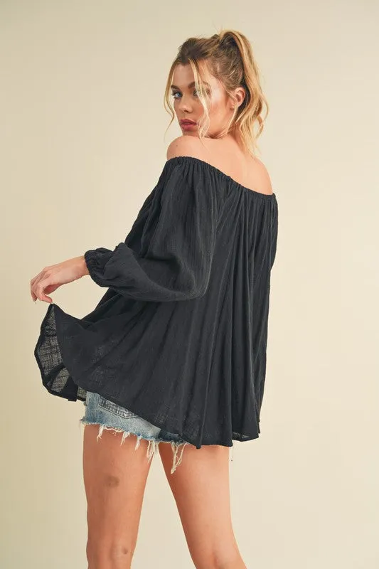 Black Off-Shoulder Balloon Sleeve Blouse