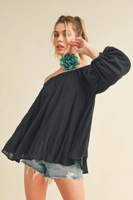 Black Off-Shoulder Balloon Sleeve Blouse