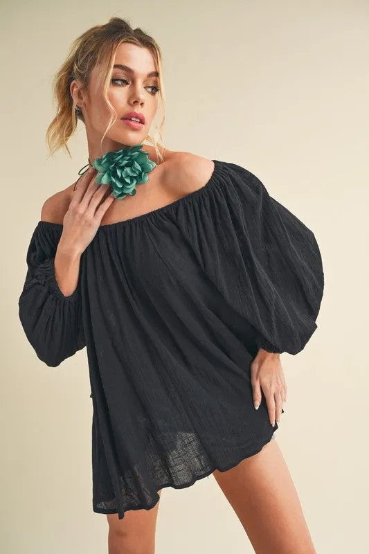 Black Off-Shoulder Balloon Sleeve Blouse