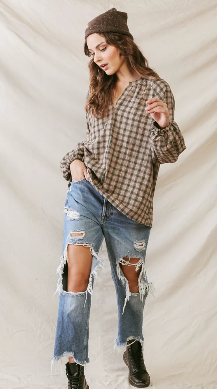 Black Plaid Ballon Sleeve Top