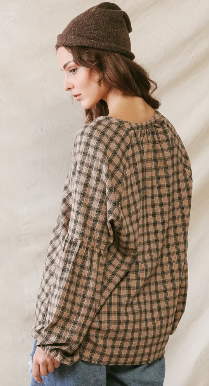 Black Plaid Ballon Sleeve Top