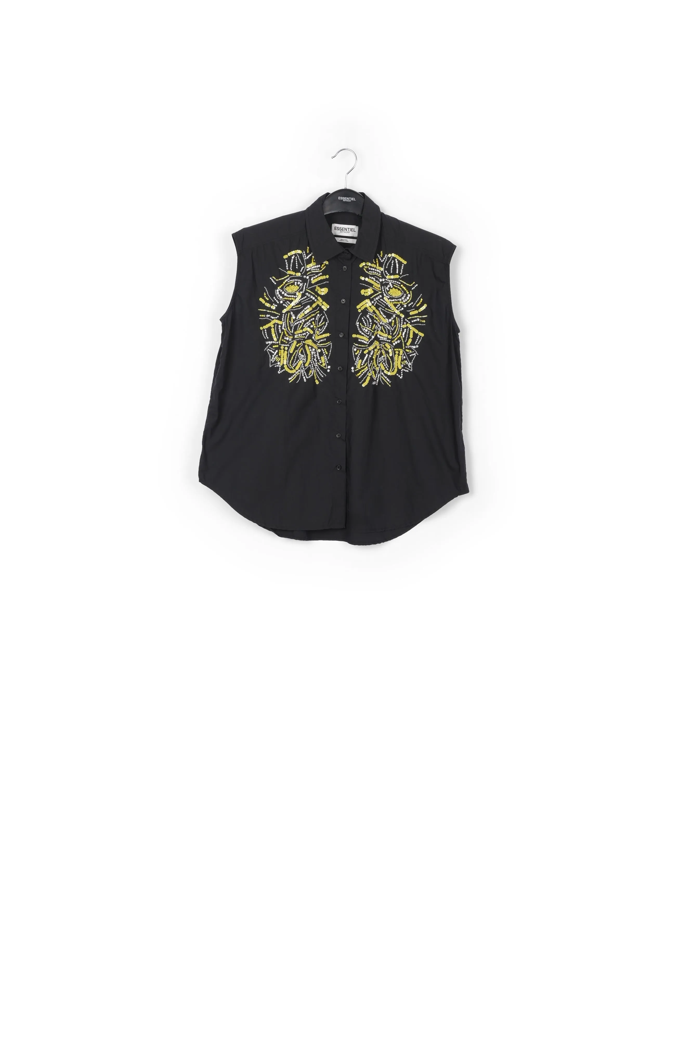 Black sequin and rhinestone-embellished sleeveless shirt