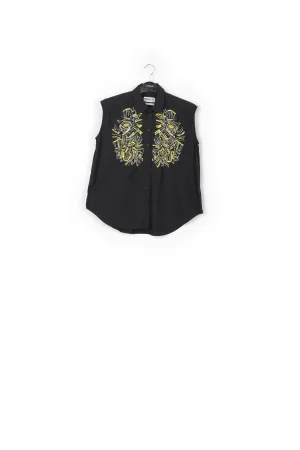 Black sequin and rhinestone-embellished sleeveless shirt