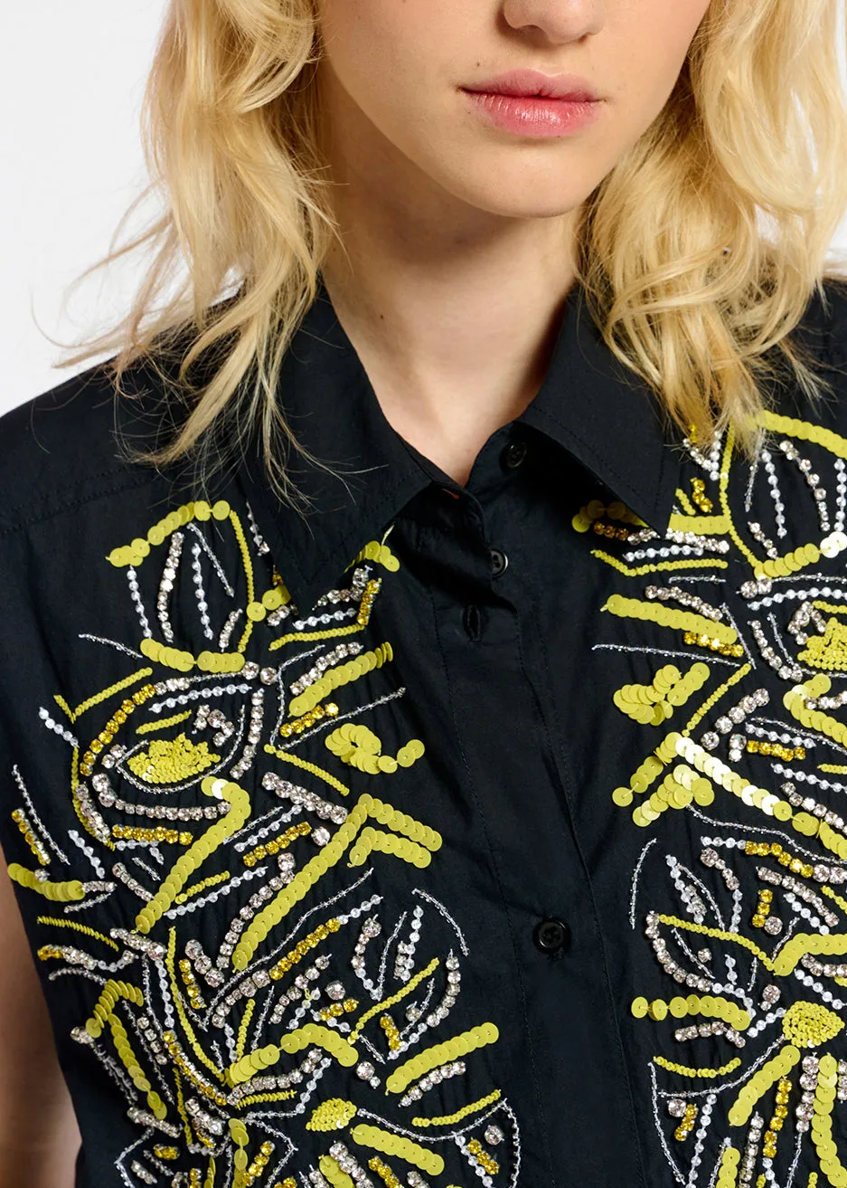 Black sequin and rhinestone-embellished sleeveless shirt