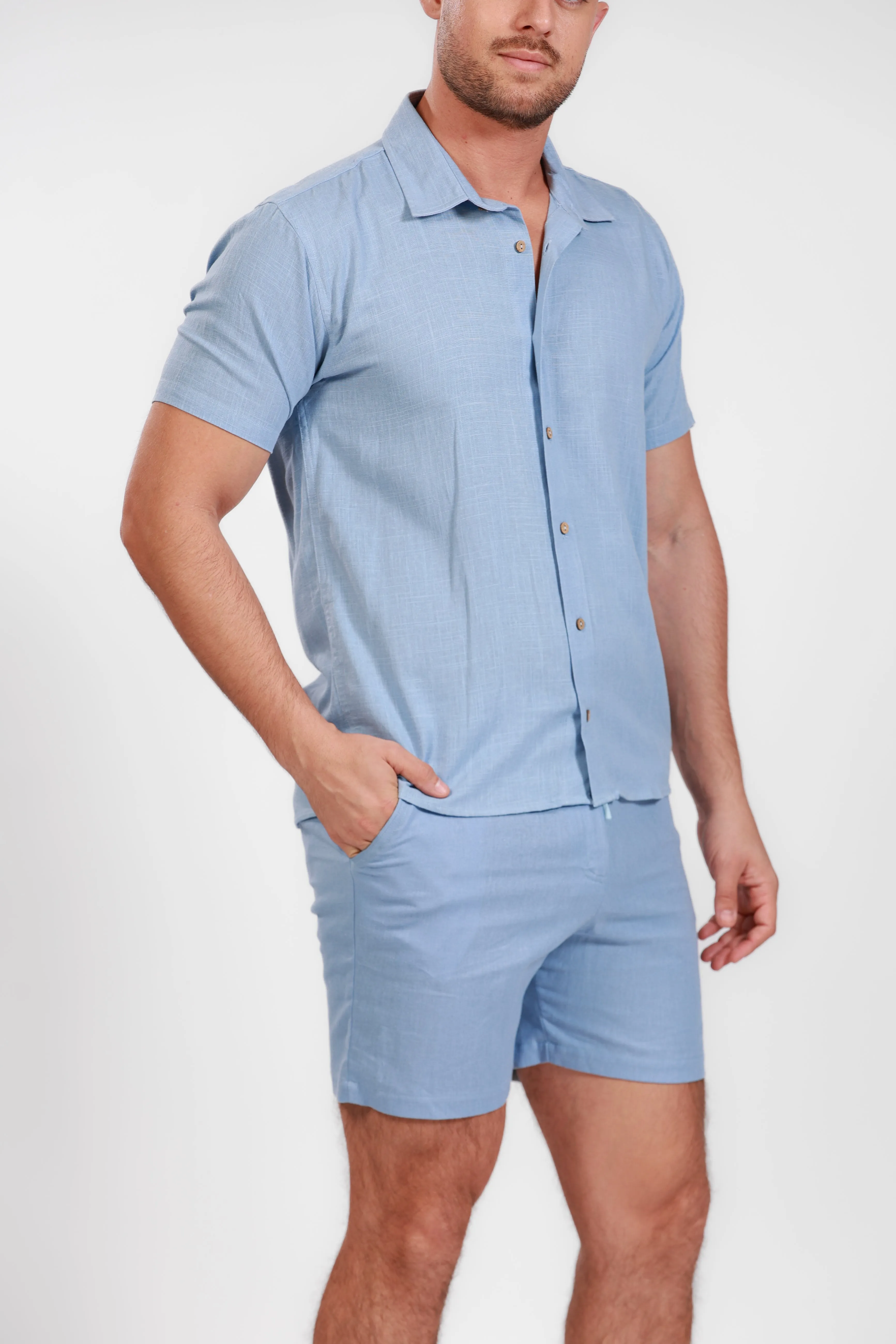 BLUE LINEN SHORTS