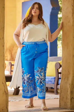 Blue Palm Wide Leg Satin Pants
