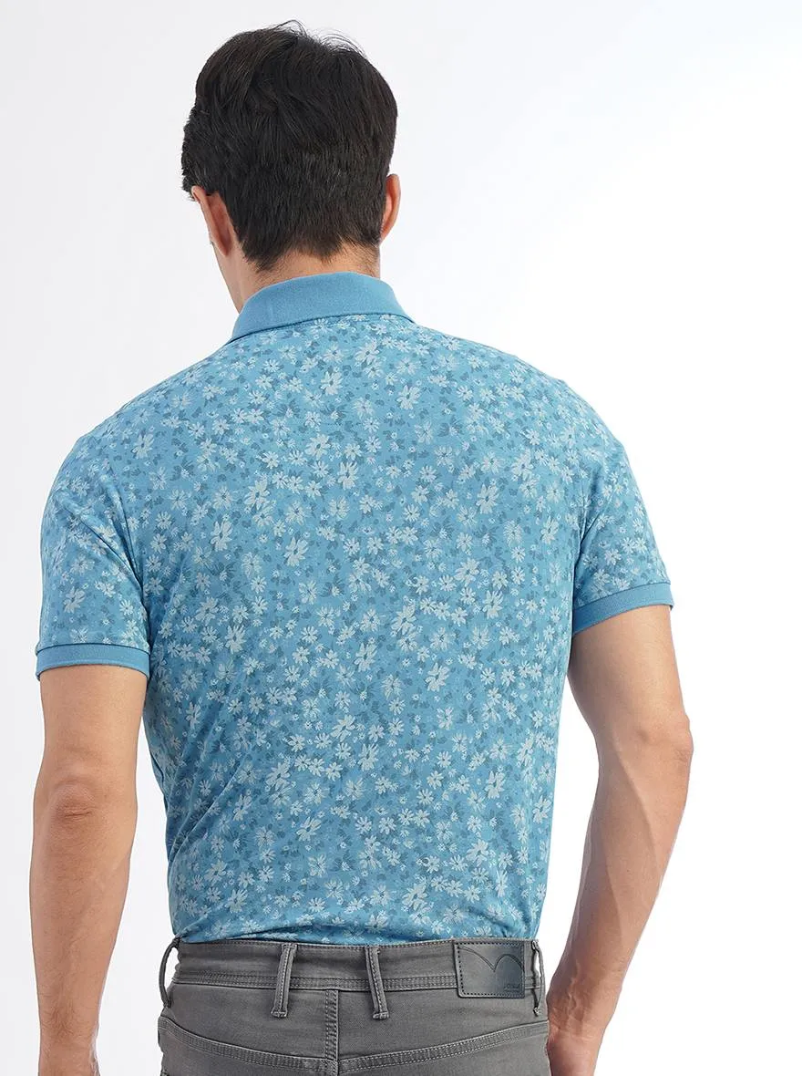 Blue Printed Slim Fit Polo T-Shirt | JadeBlue