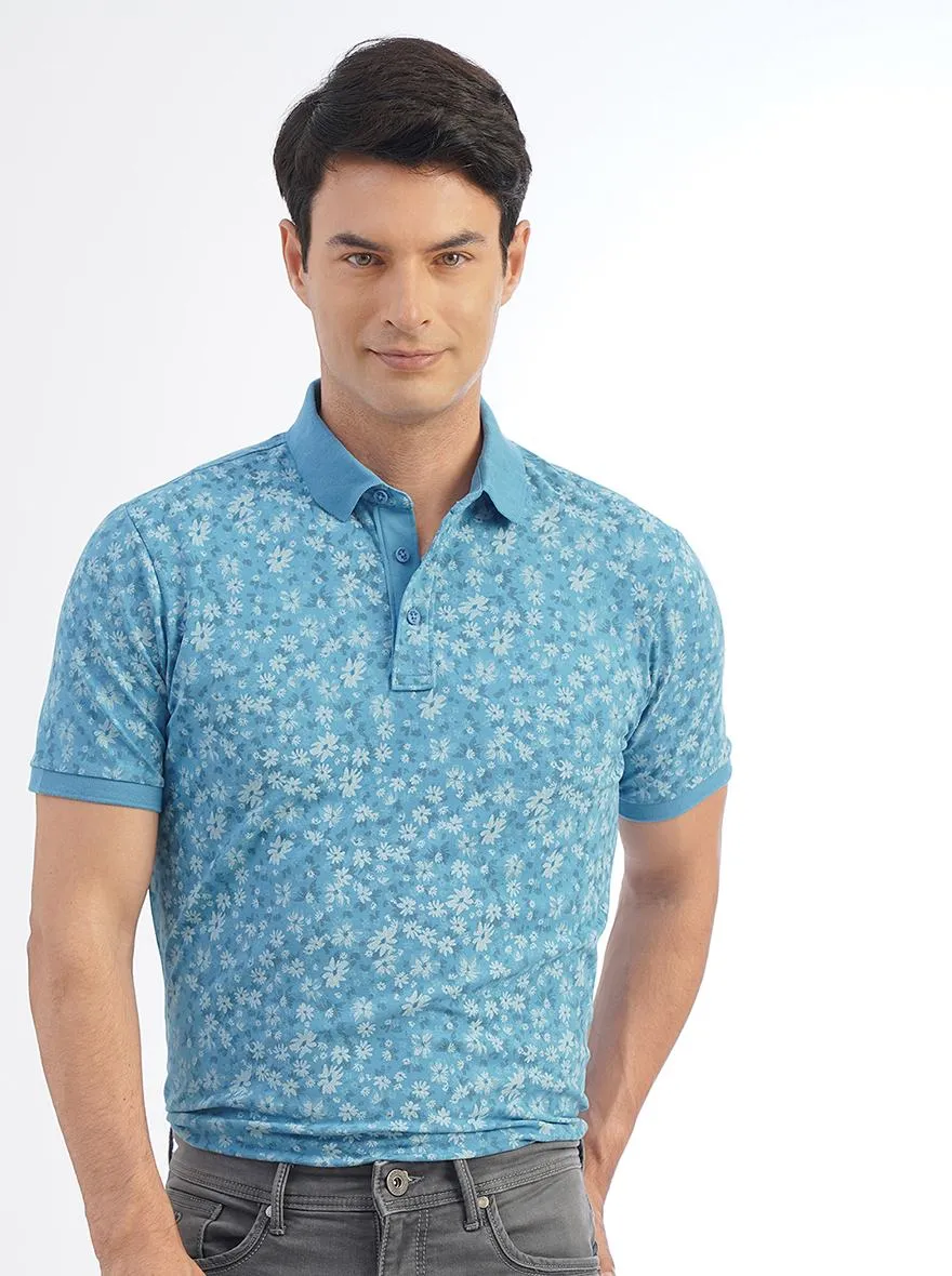 Blue Printed Slim Fit Polo T-Shirt | JadeBlue