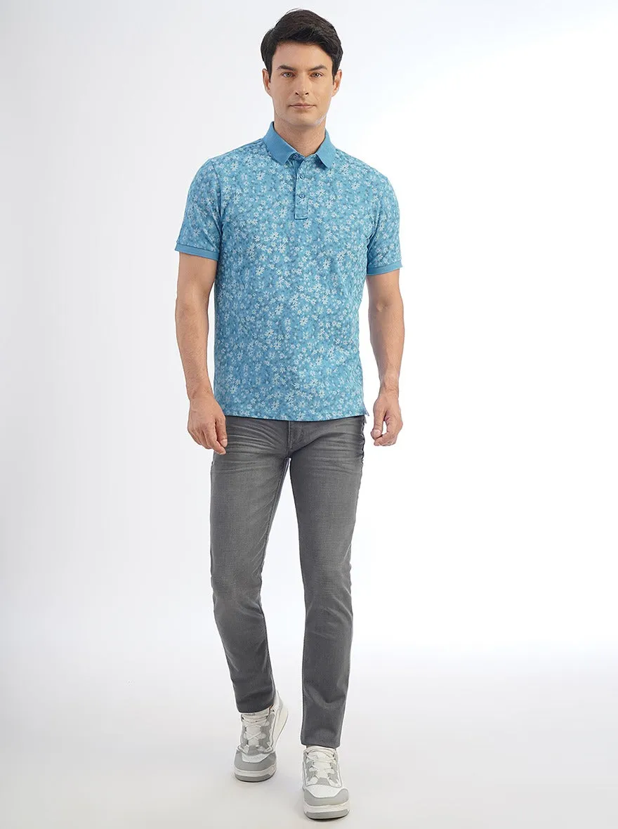 Blue Printed Slim Fit Polo T-Shirt | JadeBlue
