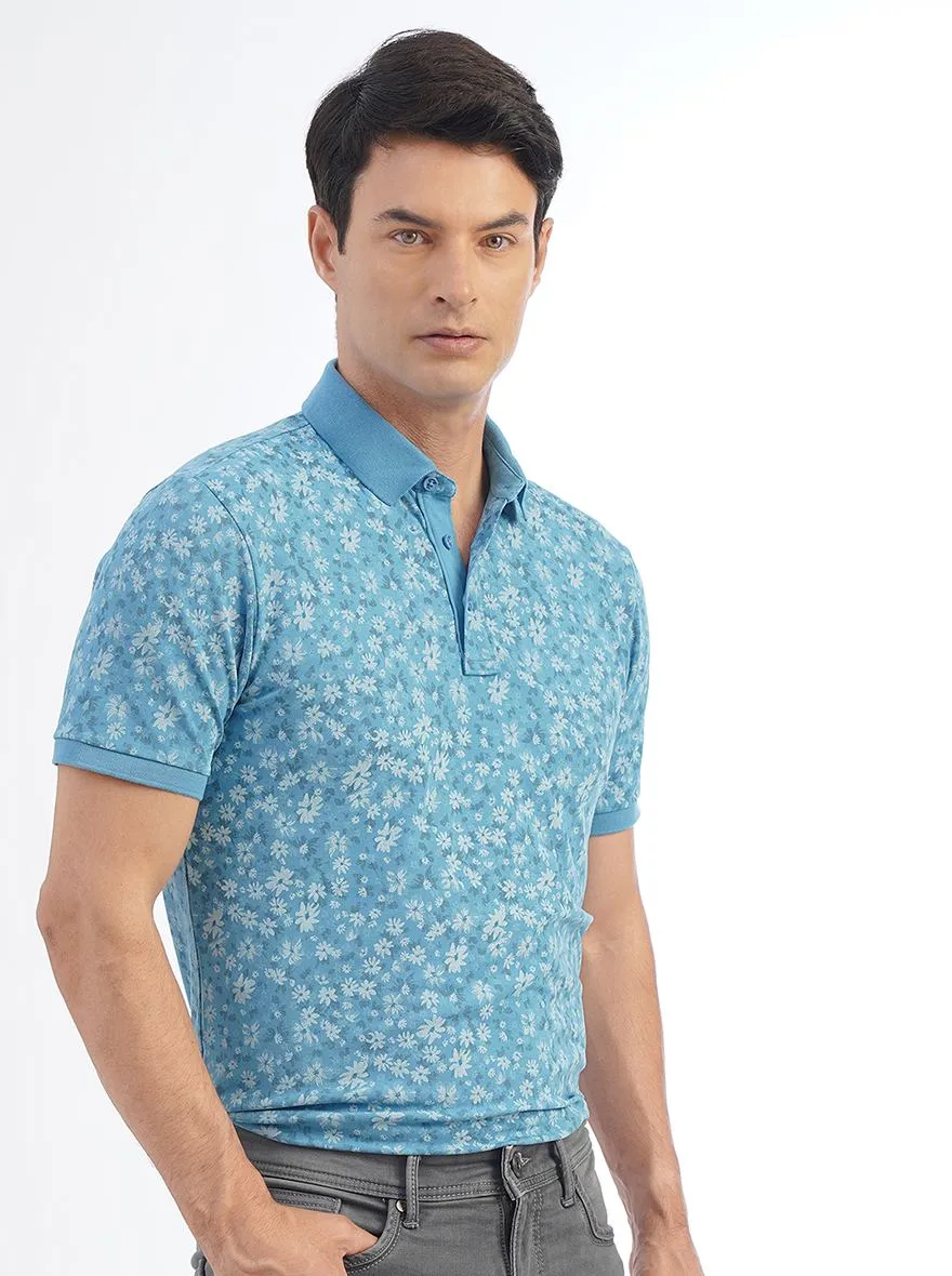 Blue Printed Slim Fit Polo T-Shirt | JadeBlue