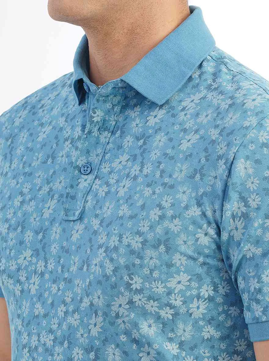 Blue Printed Slim Fit Polo T-Shirt | JadeBlue