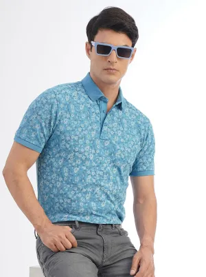 Blue Printed Slim Fit Polo T-Shirt | JadeBlue