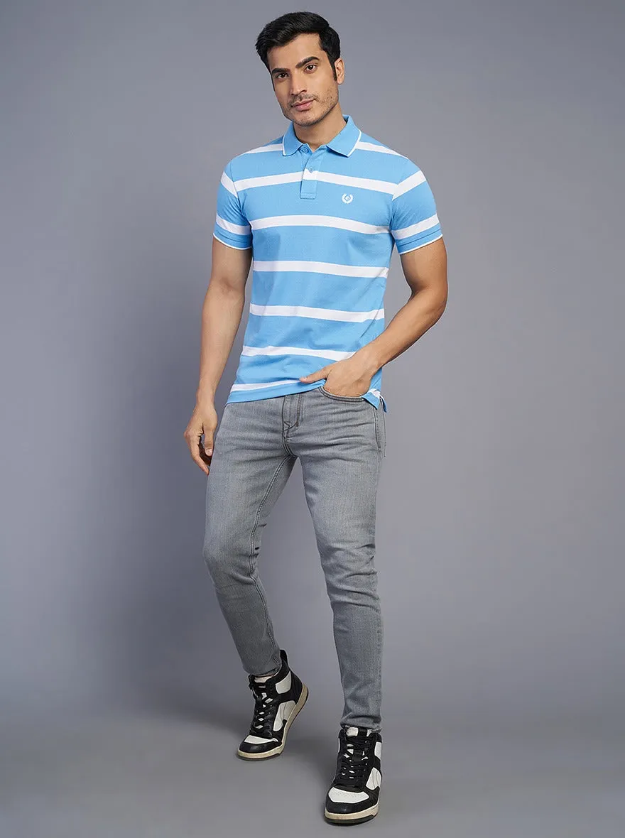 Blue Striped Slim Fit Polo T-Shirt | Greenfibre