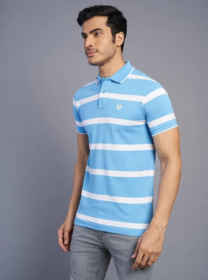 Blue Striped Slim Fit Polo T-Shirt | Greenfibre