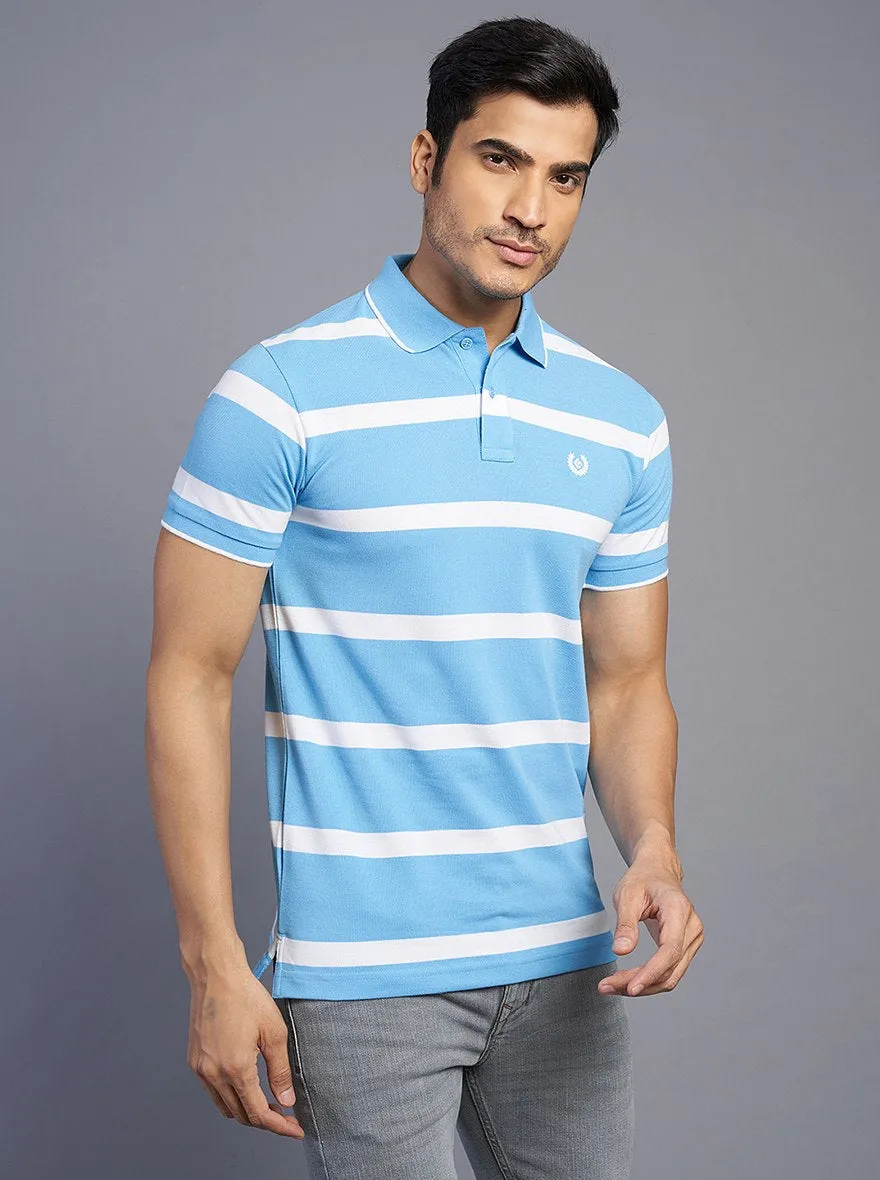 Blue Striped Slim Fit Polo T-Shirt | Greenfibre