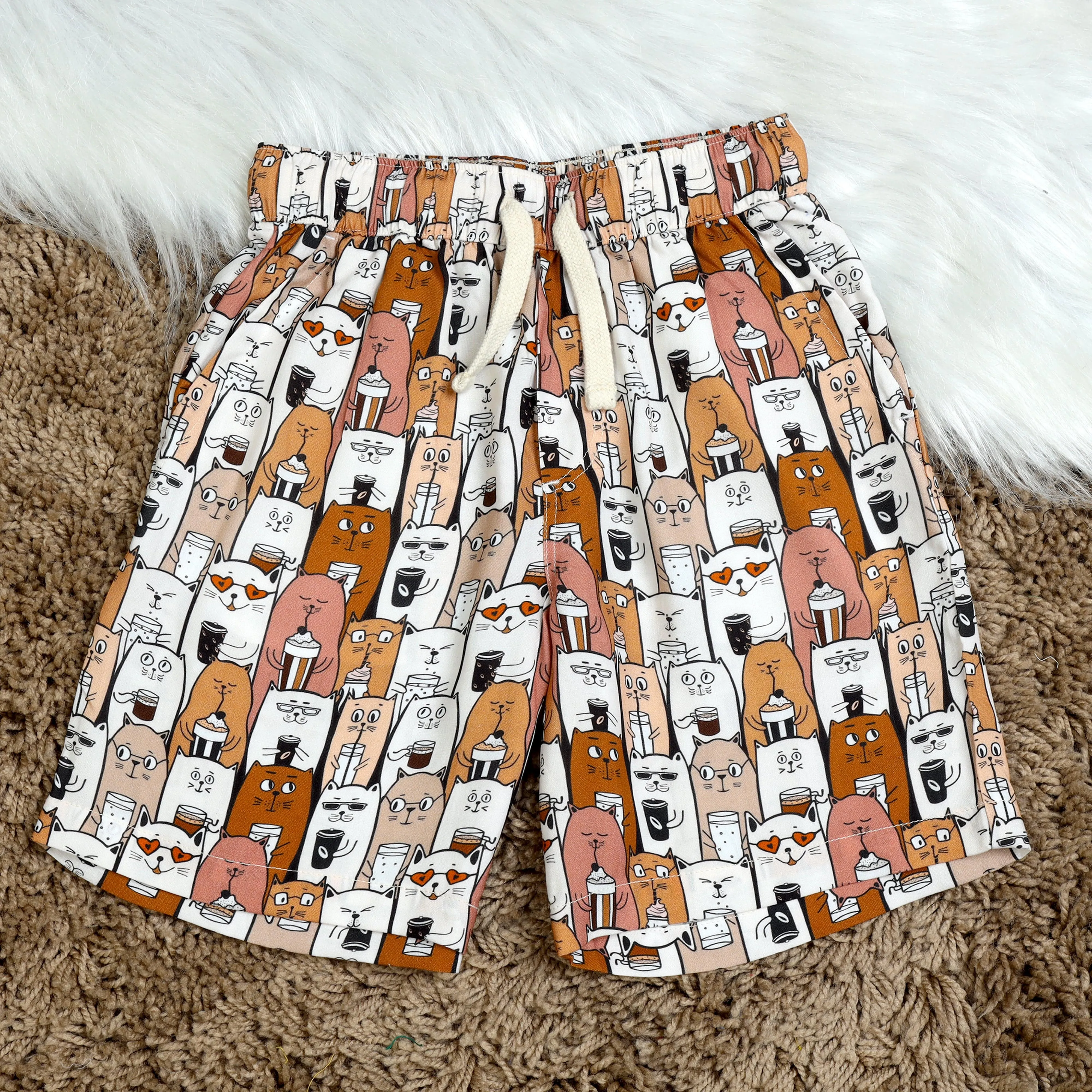 Boys Cat Printed Short Brown