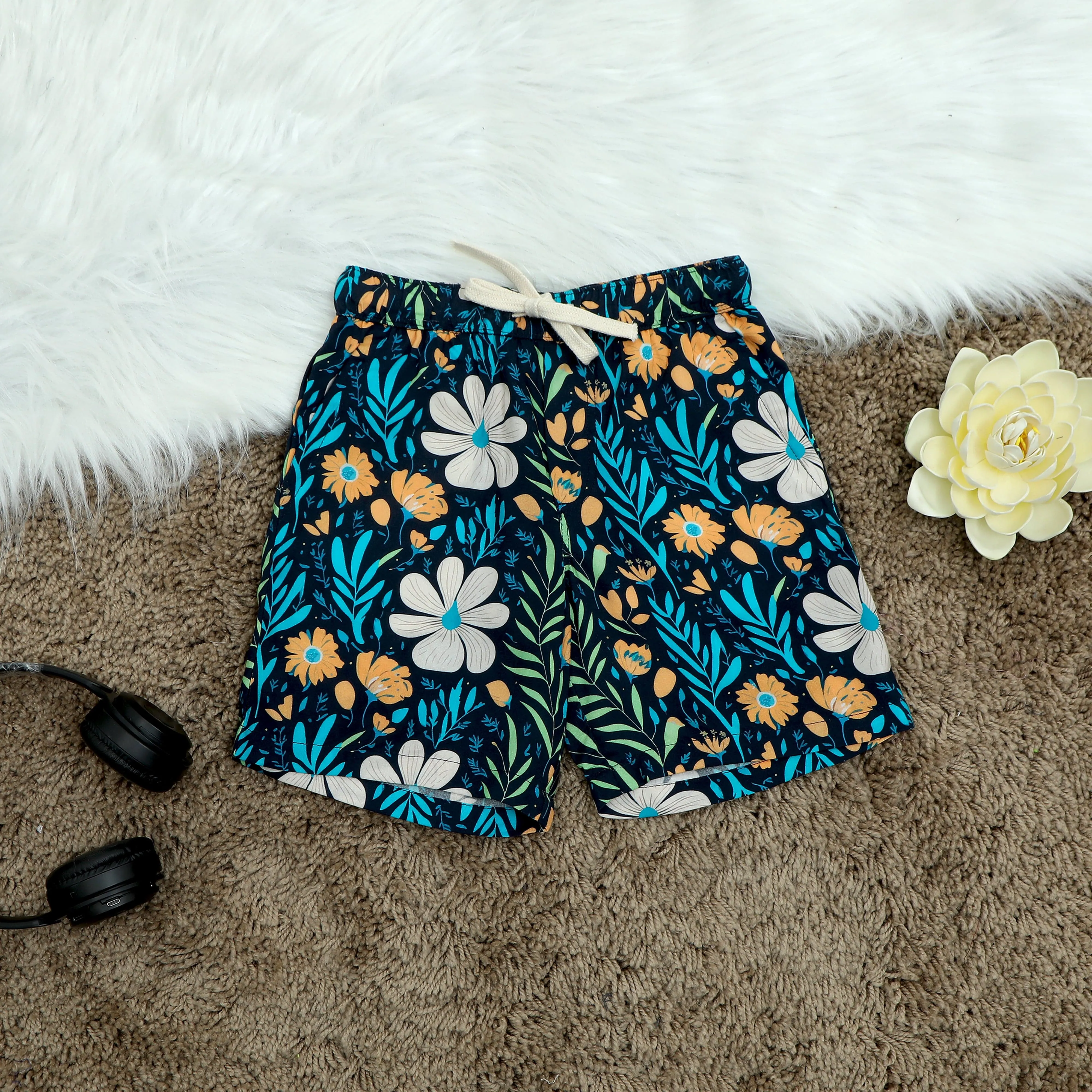Boys Modern Leaf Print Short Space Blue
