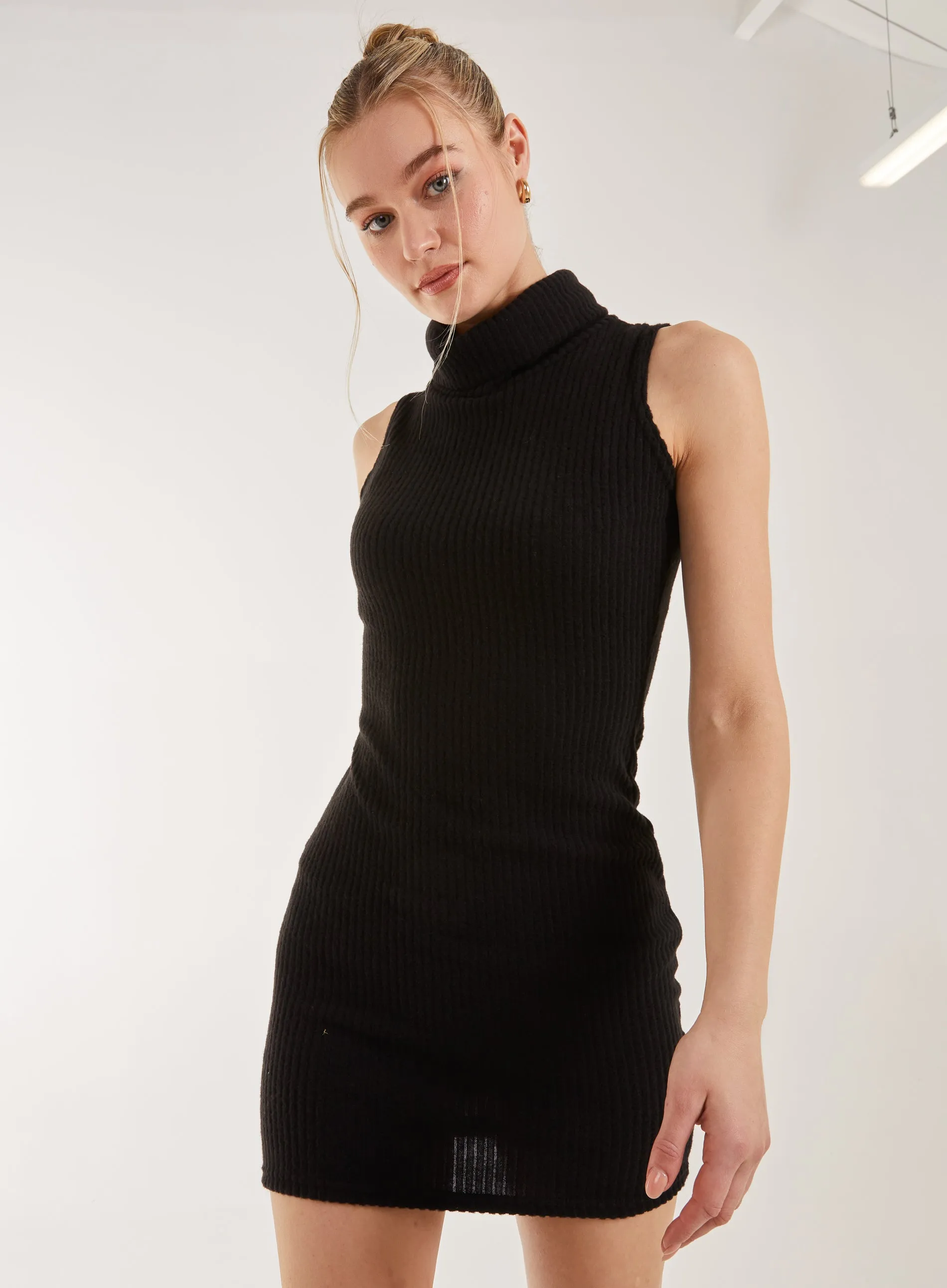 Brushed Sleeveless Polo Neck Mini Dress