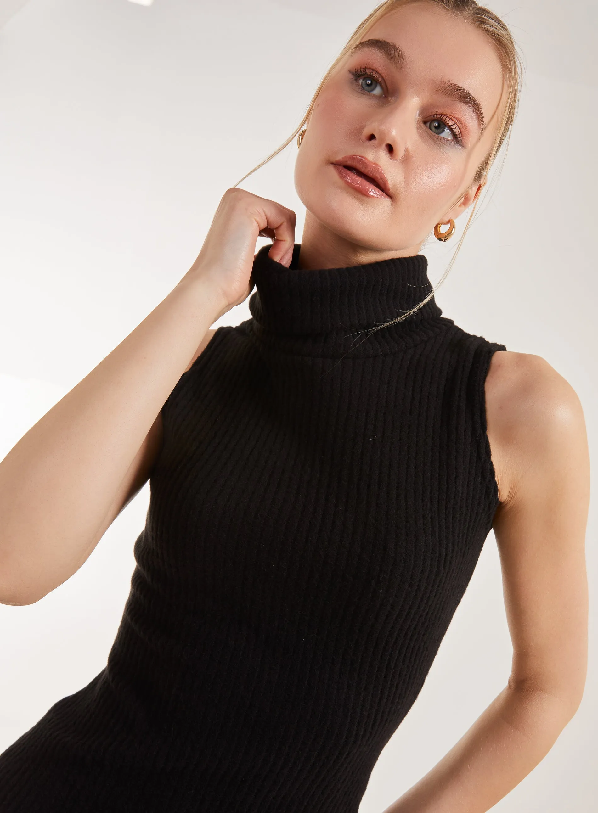 Brushed Sleeveless Polo Neck Mini Dress