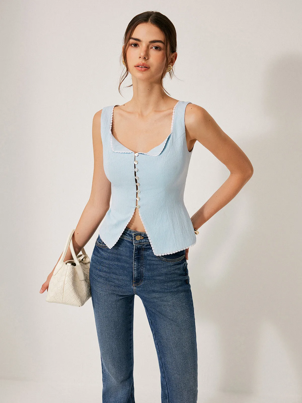 Button-Front Lace Trimmed Top