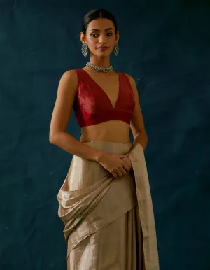 Choli Cut Blouse in Red & Gold Chanderi Handloom
