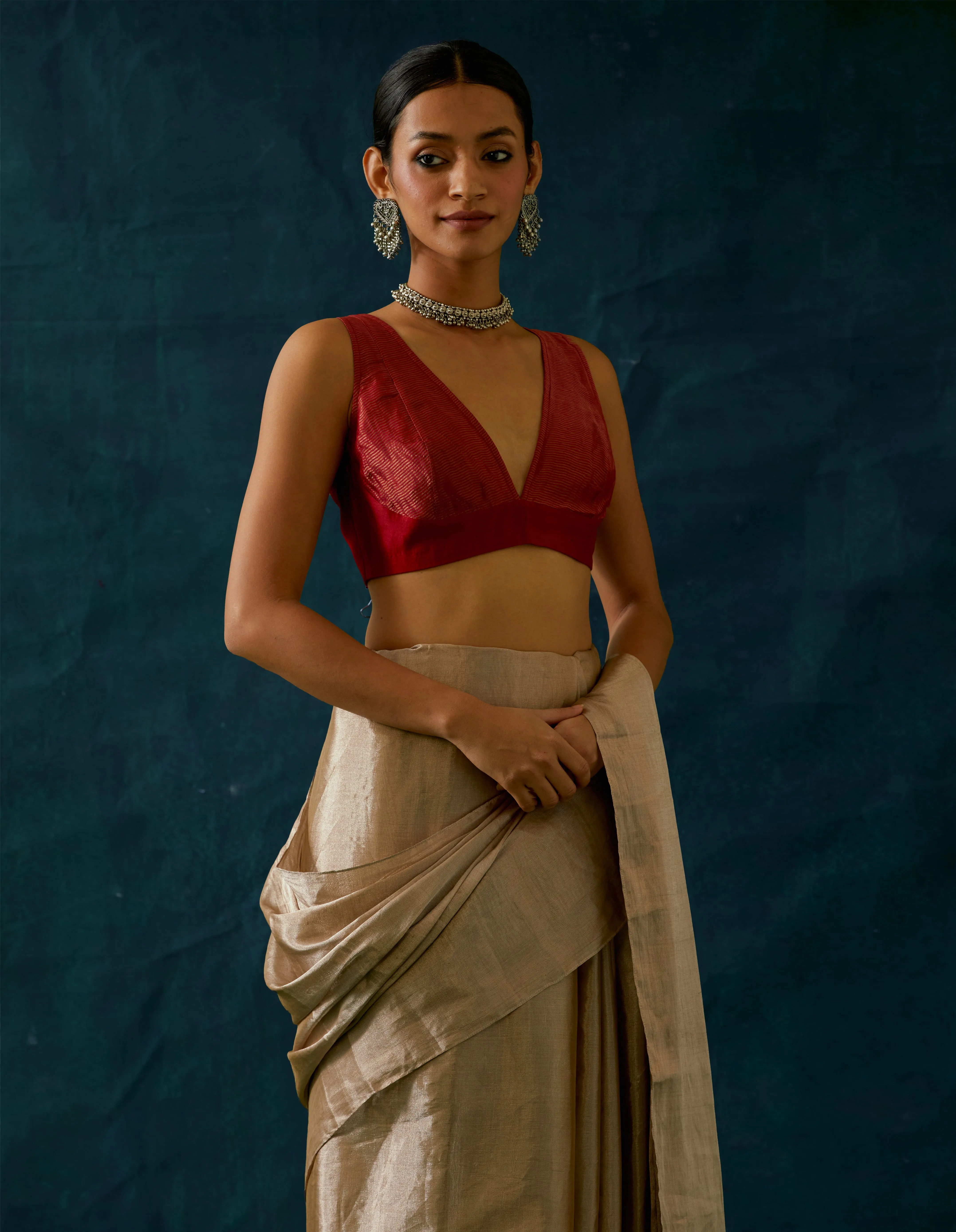 Choli Cut Blouse in Red & Gold Chanderi Handloom