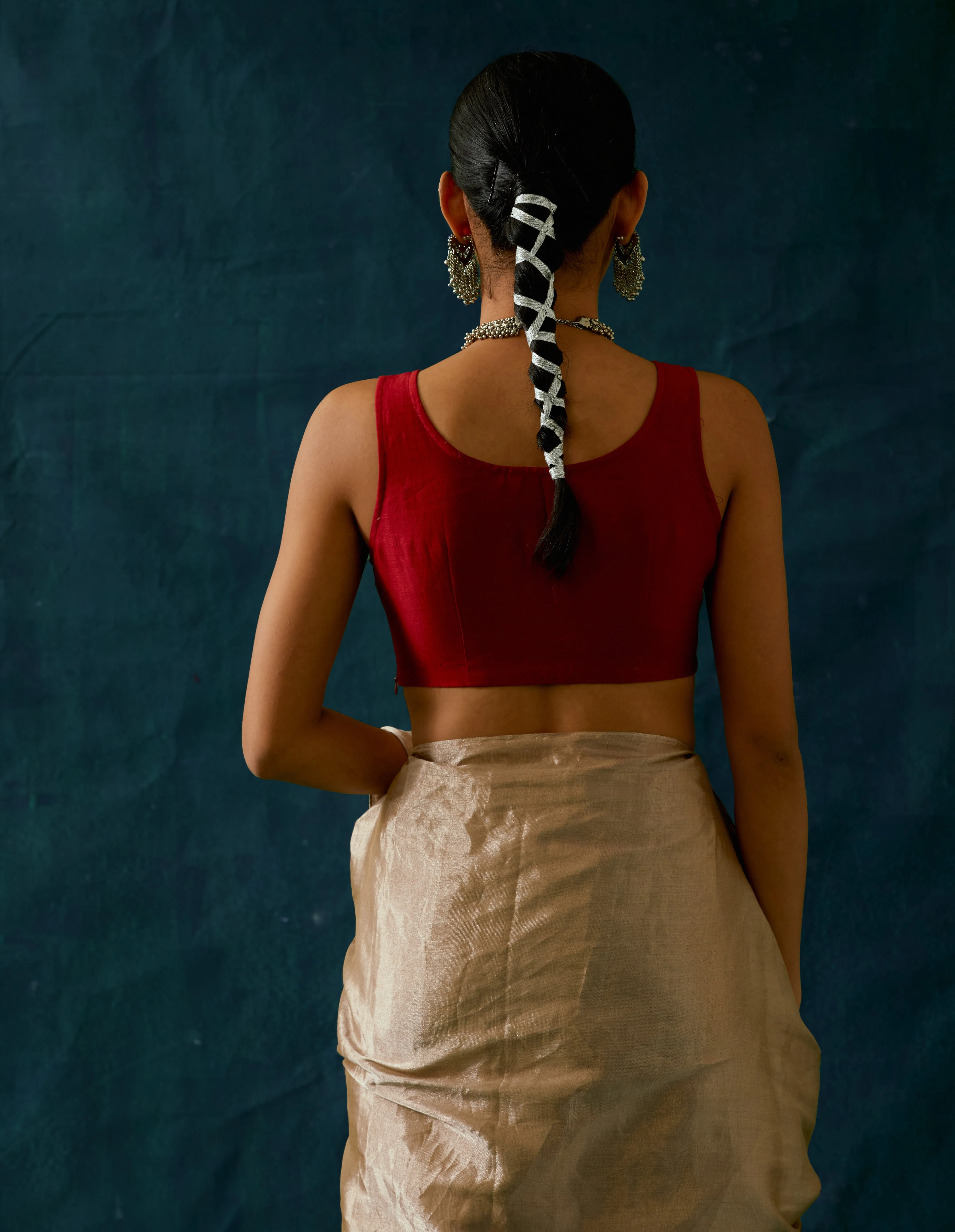 Choli Cut Blouse in Red & Gold Chanderi Handloom