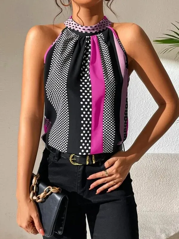 City Charm Halter Neck Polka Dot Stripe Sleeveless Top