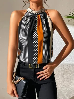 City Charm Halter Neck Polka Dot Stripe Sleeveless Top