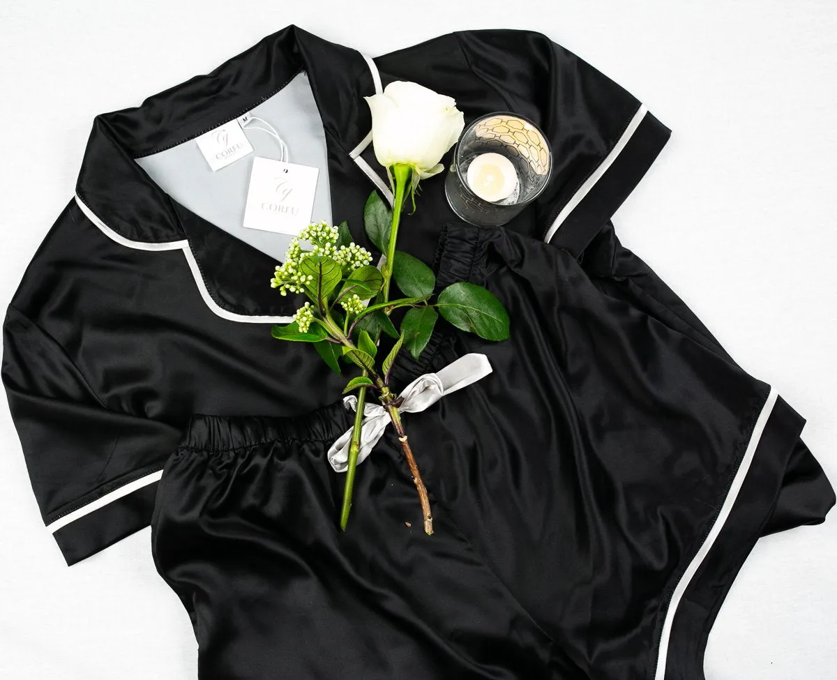 CORFU SOFT STRETCH LUXE SATIN PJS SHORT BLACK/WHITE