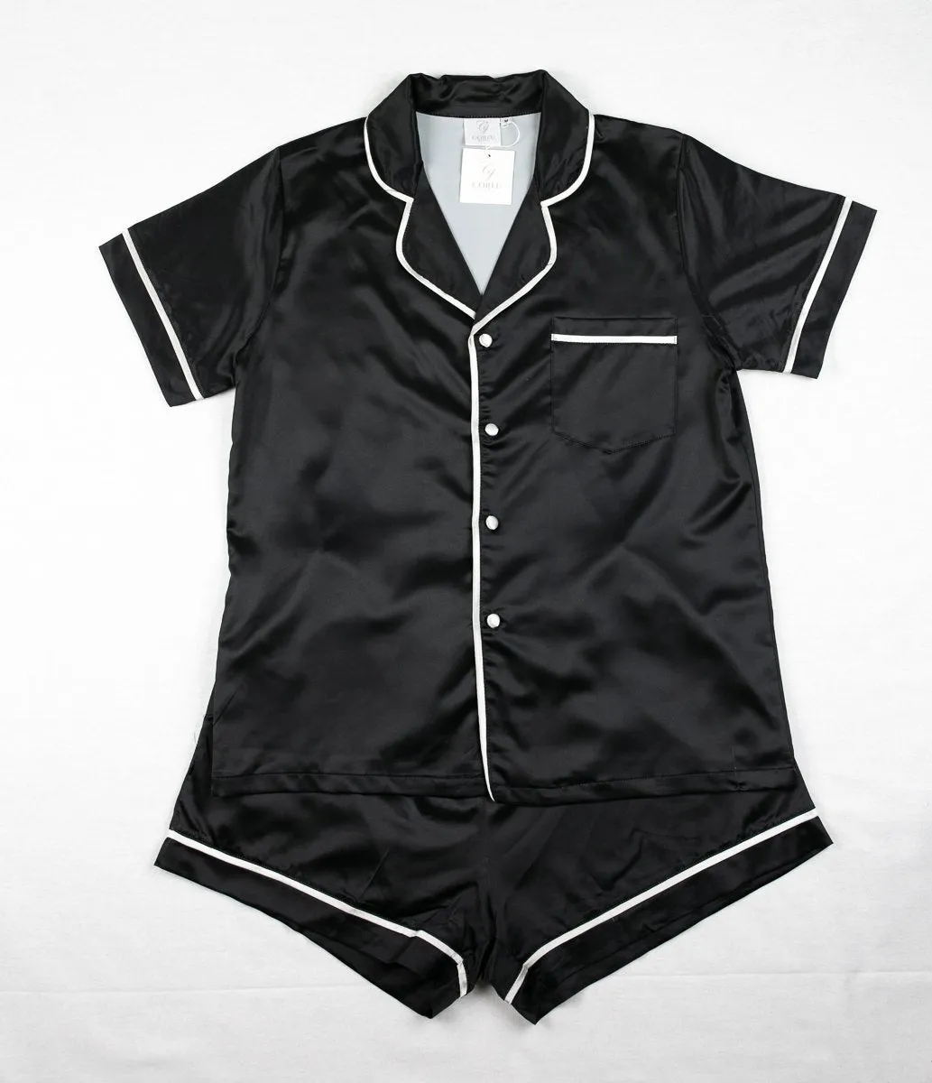 CORFU SOFT STRETCH LUXE SATIN PJS SHORT BLACK/WHITE