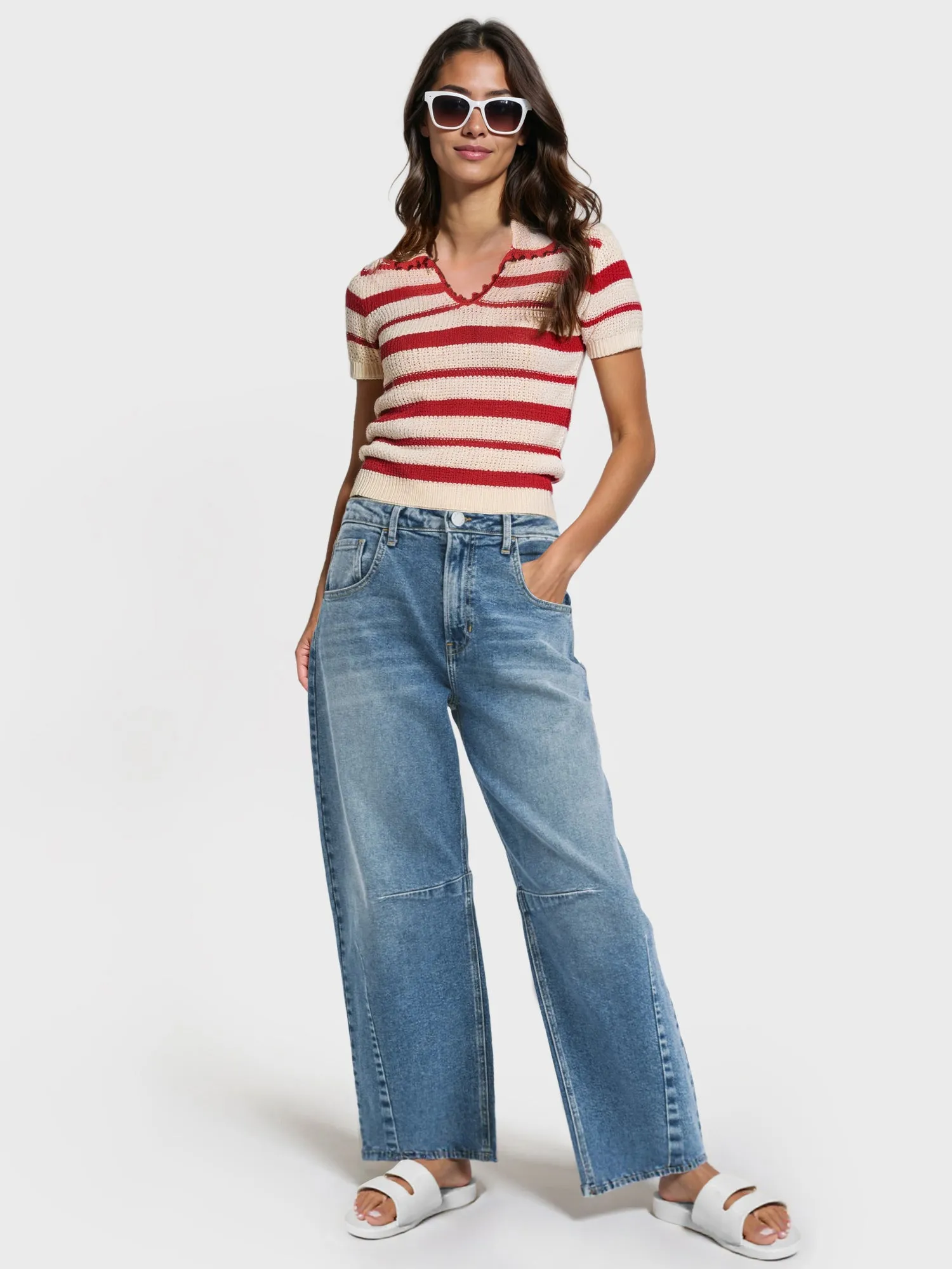 Crochet Striped Polo Collar Top