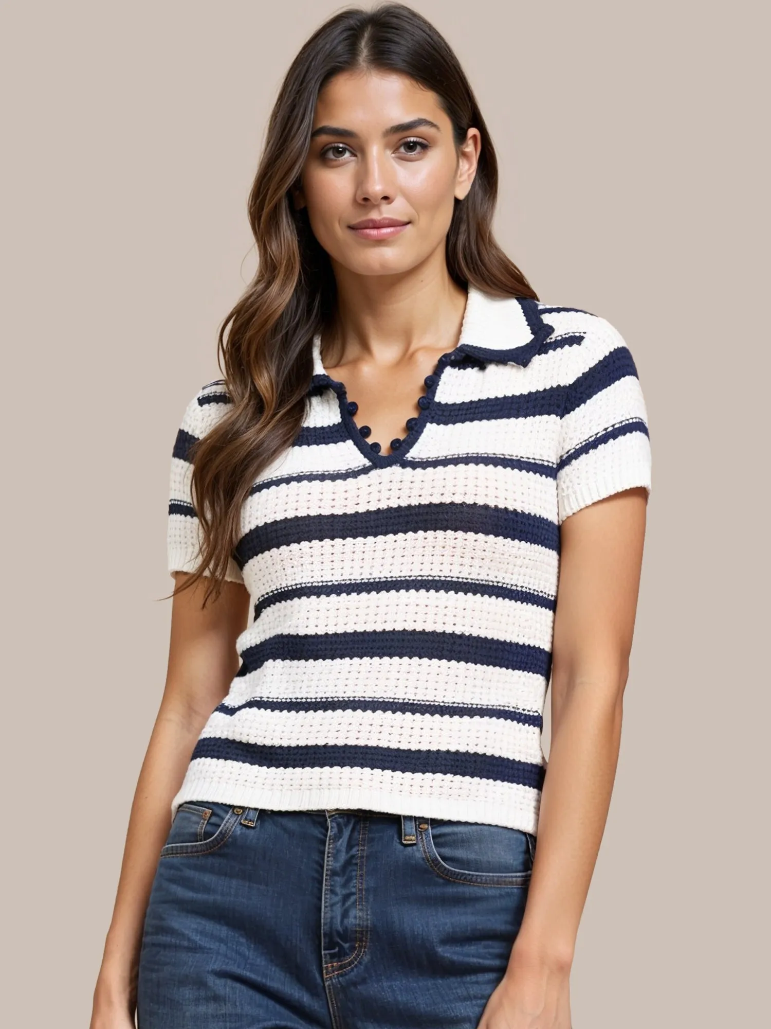Crochet Striped Polo Collar Top