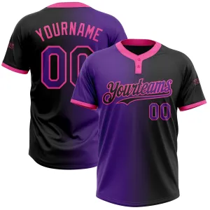 Custom Black Purple-Pink Gradient Fashion Two-Button Unisex Softball Jersey
