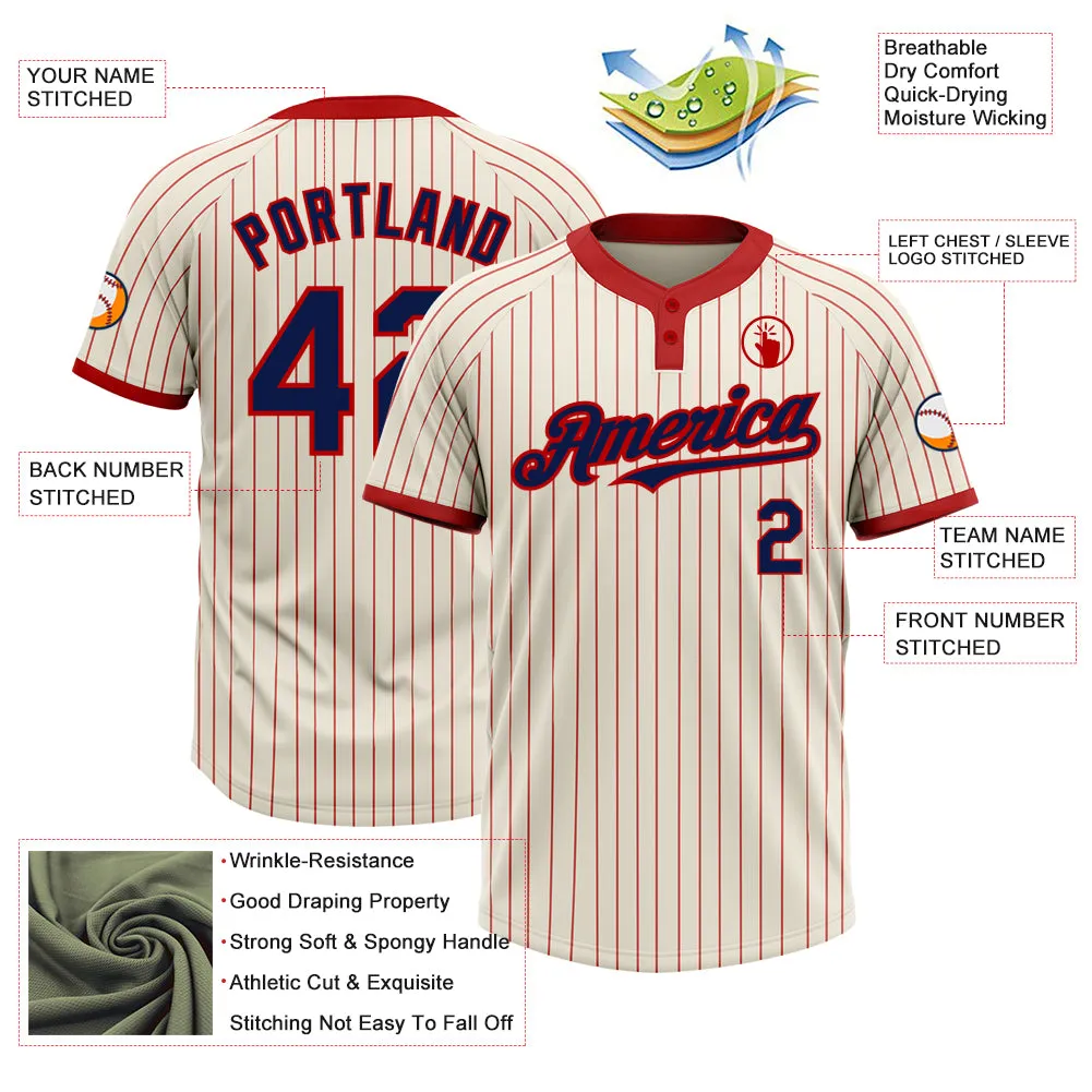 Custom Cream Red Pinstripe Navy Two-Button Unisex Softball Jersey
