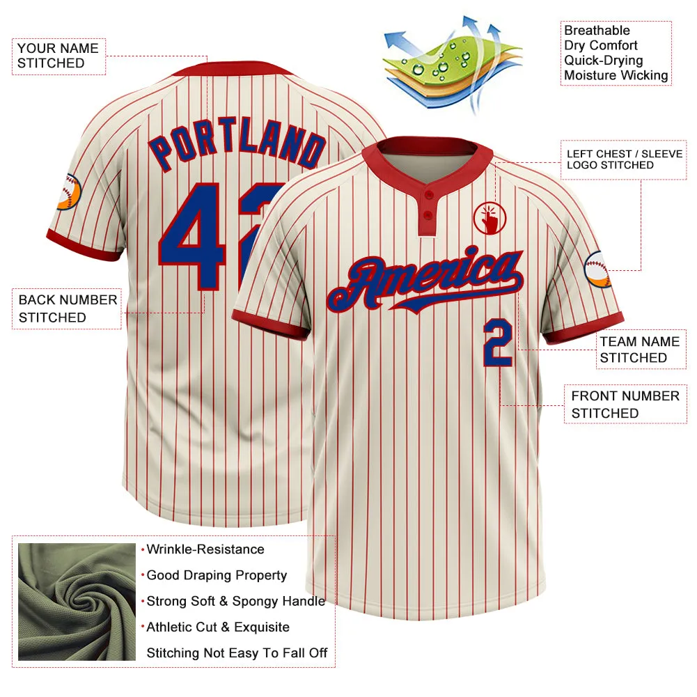 Custom Cream Red Pinstripe Royal Two-Button Unisex Softball Jersey