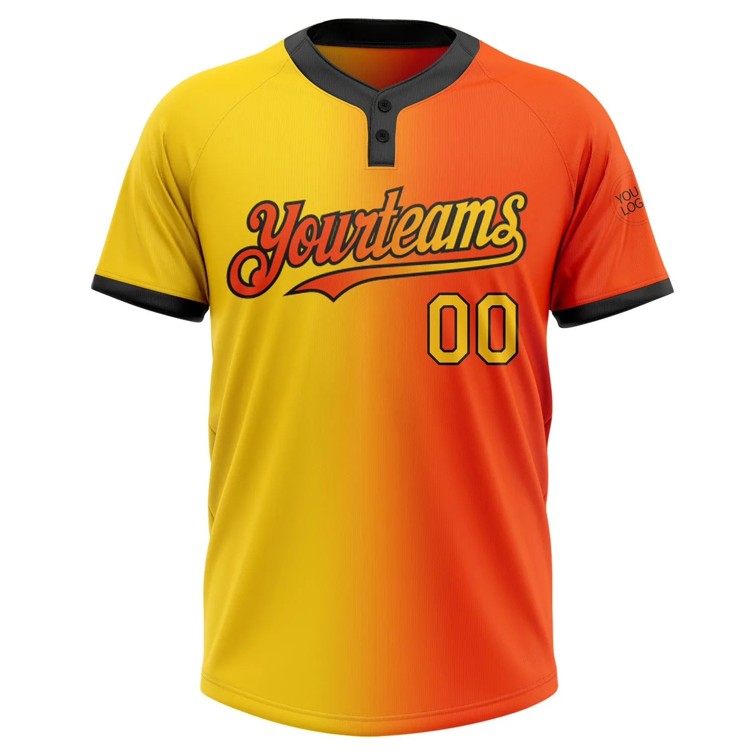 Custom Orange Yellow-Black Gradient Fashion Two-Button Unisex Softball Jersey