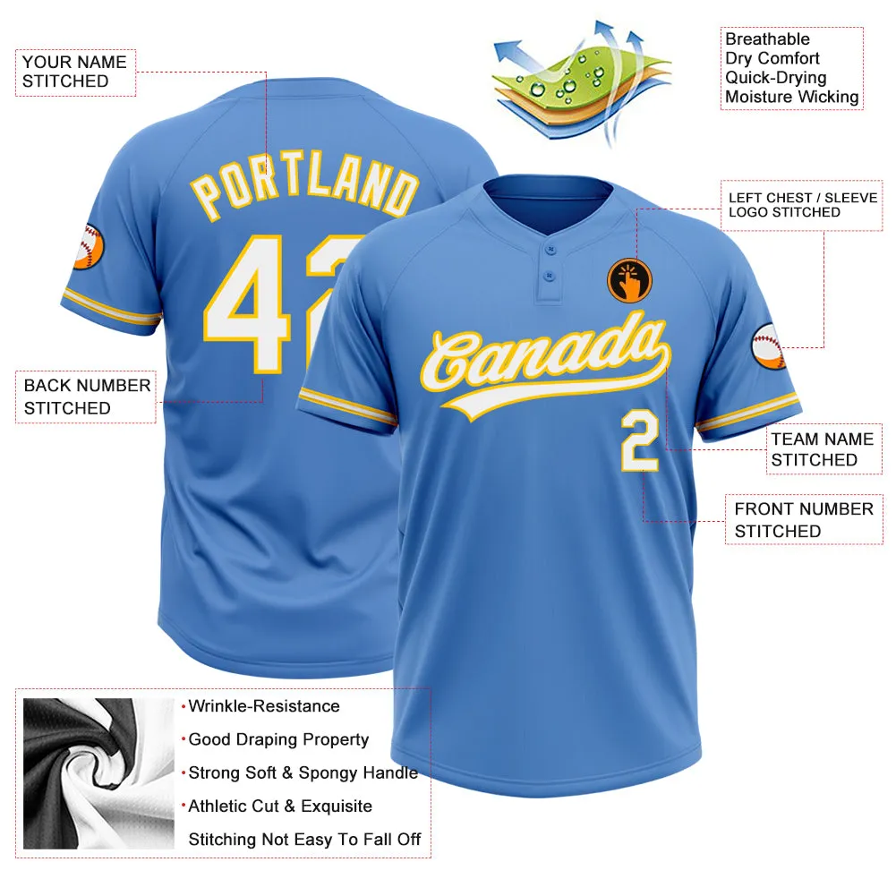 Custom Powder Blue White-Yellow Two-Button Unisex Softball Jersey