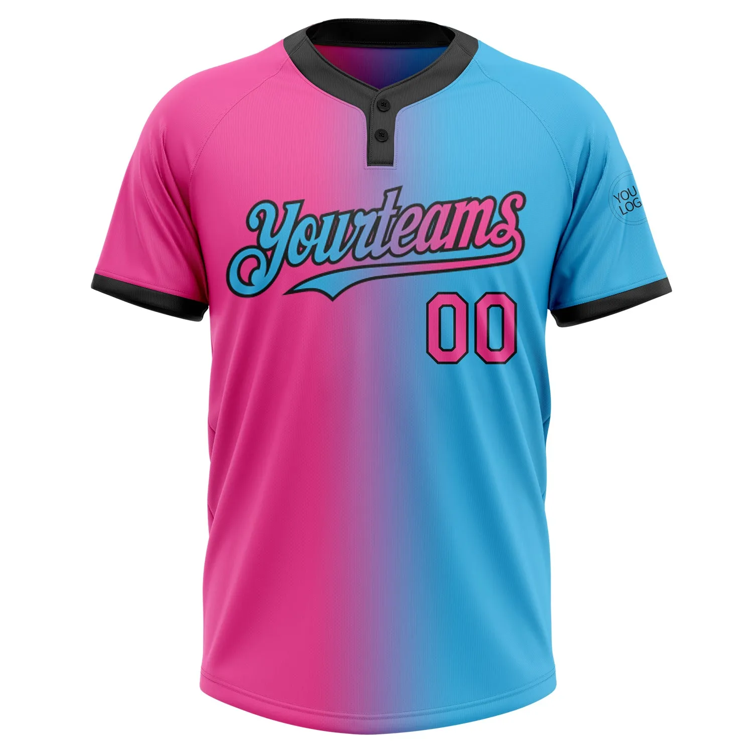Custom Sky Blue Pink-Black Gradient Fashion Two-Button Unisex Softball Jersey