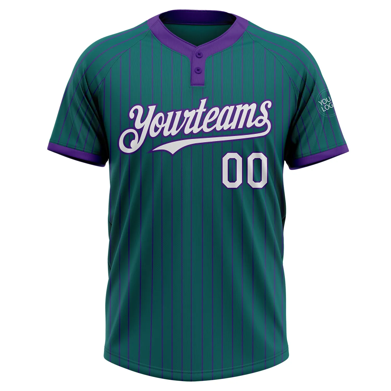 Custom Teal Purple Pinstripe White Two-Button Unisex Softball Jersey