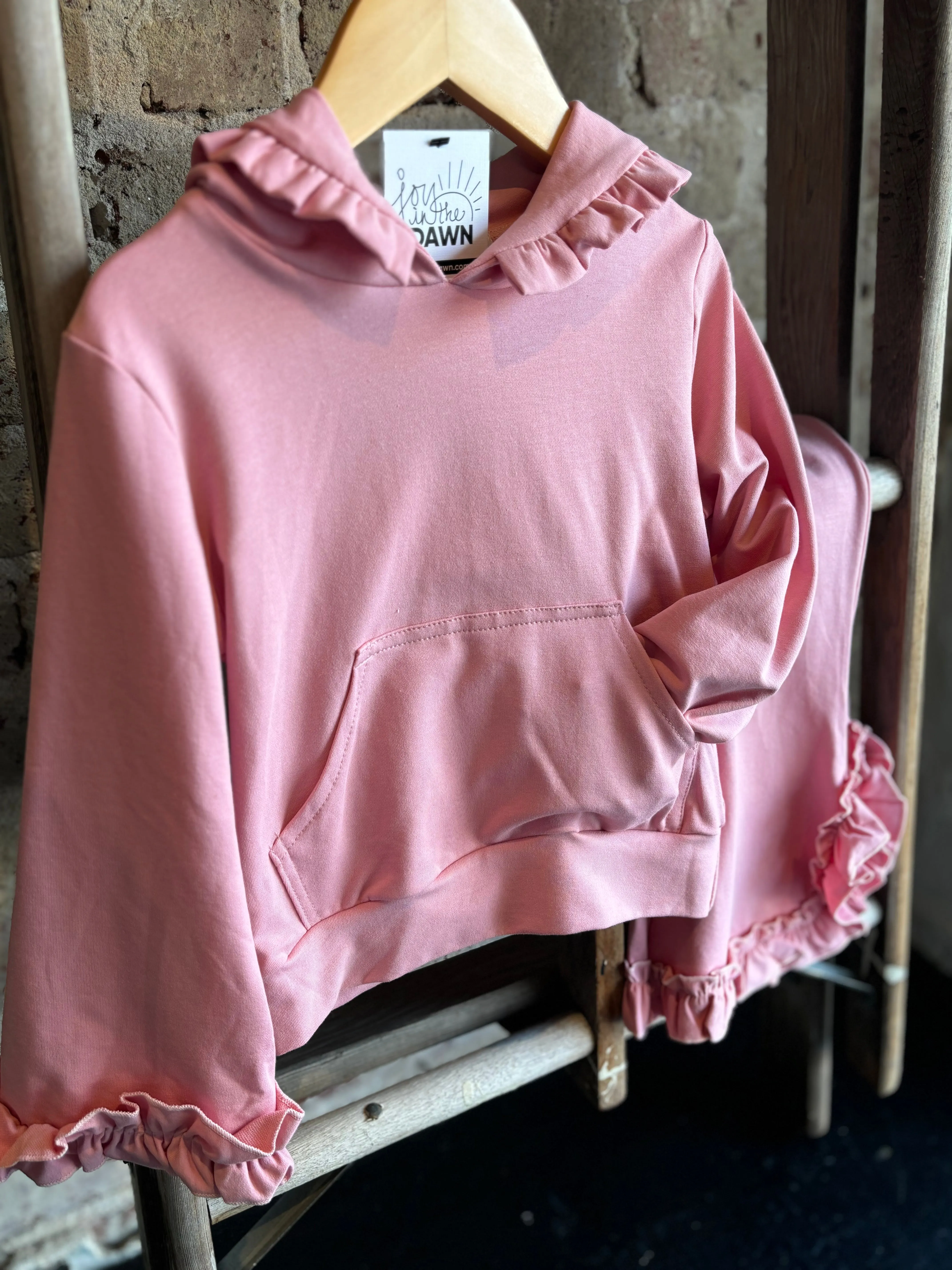 Dusty Pink Hooded Ruffle Lounge Set- Kids