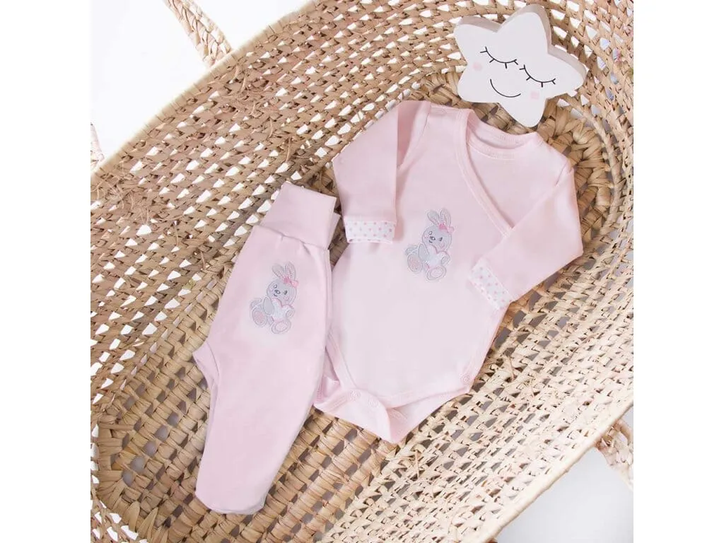 Early Baby Footed Trousers, Embroidered Bunny Rabbit On The Rear - Pink