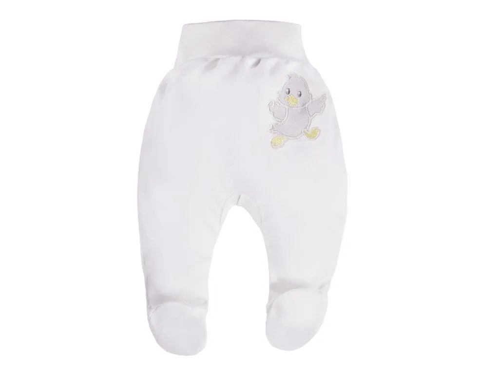 Early Baby Footed Trousers, Embroidered Chick On The Rear - White
