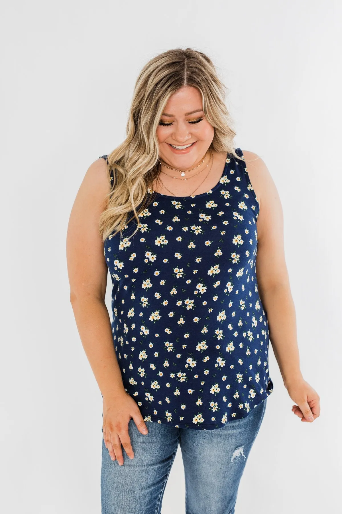 Easily Attracted Floral Tank Top- Navy
