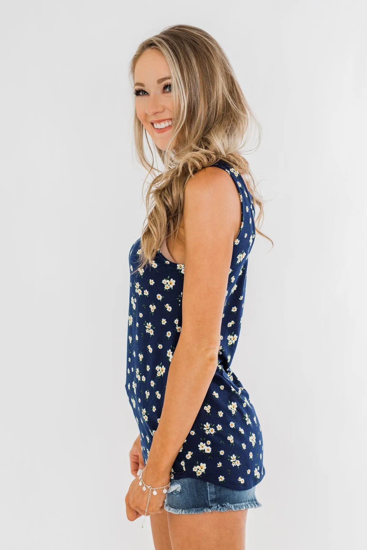 Easily Attracted Floral Tank Top- Navy