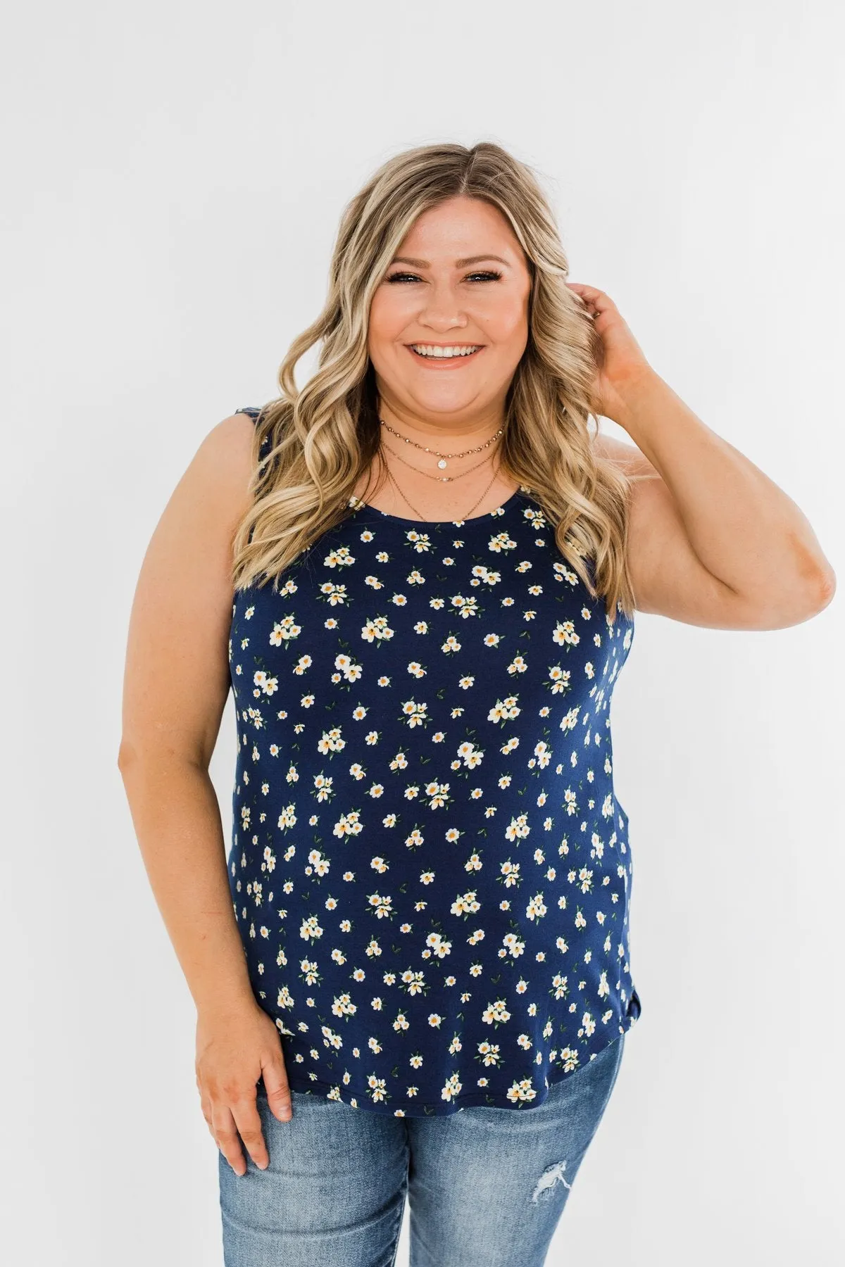 Easily Attracted Floral Tank Top- Navy