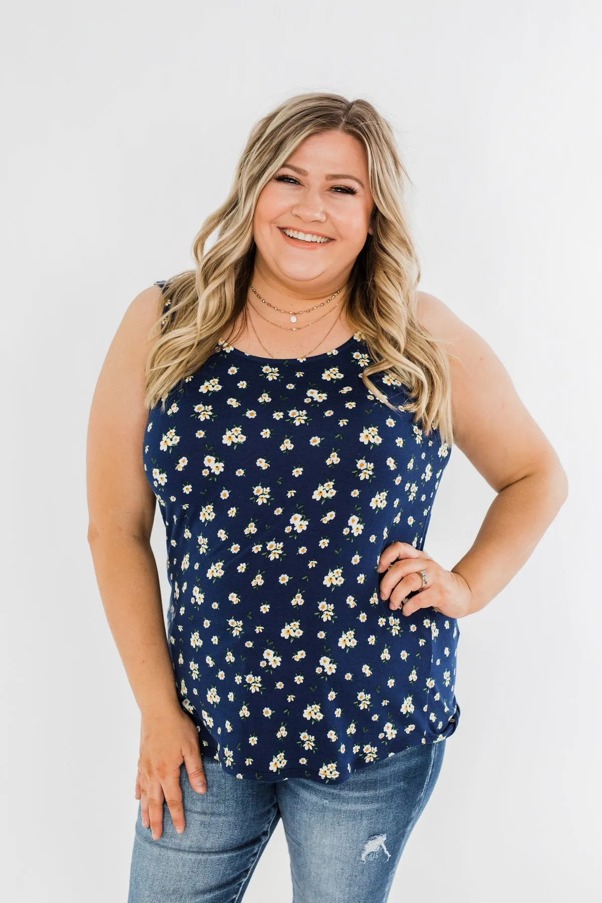 Easily Attracted Floral Tank Top- Navy