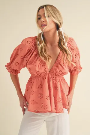 Eyelet Embroidered V-Neck Half Sleeve Peplum Blouse