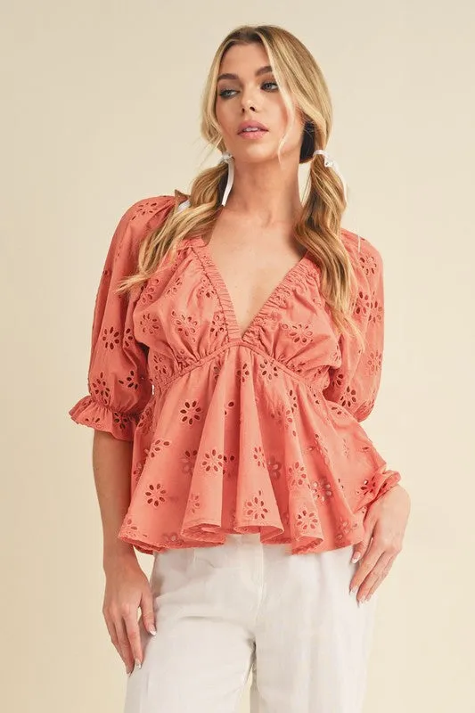 Eyelet Embroidered V-Neck Half Sleeve Peplum Blouse