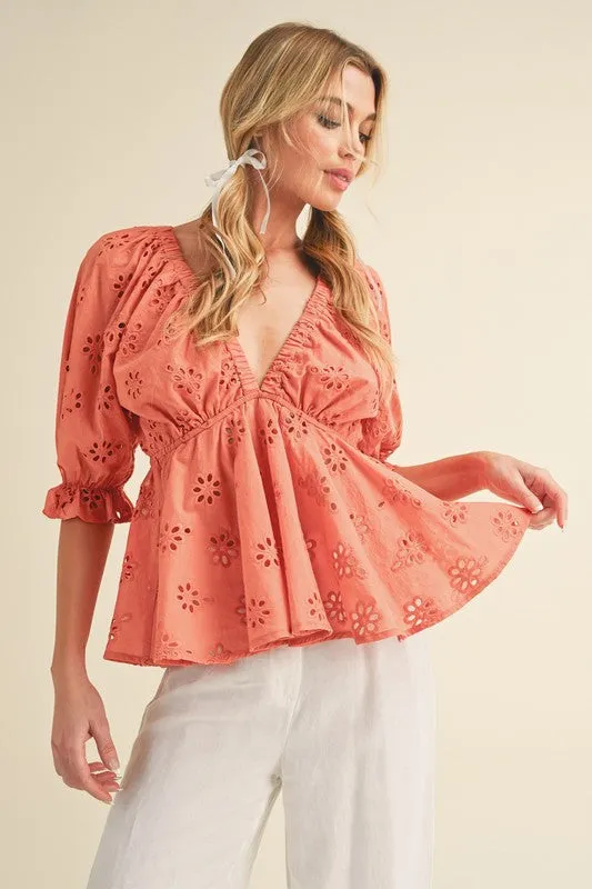 Eyelet Embroidered V-Neck Half Sleeve Peplum Blouse